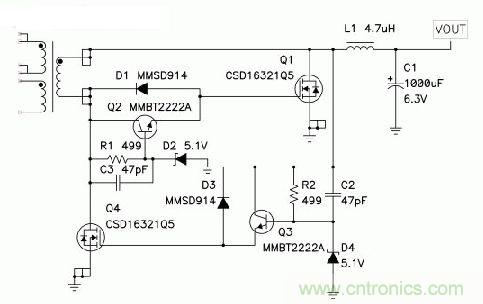 圖5 :D2和D4限制了該同步正向驅(qū)動(dòng)器中正柵極電壓