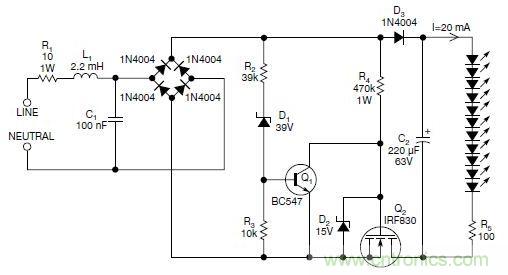 圖2：斬波工作類似圖1中的電路，但以較大的LED串聯(lián)電阻代替了恒流源，提供限流功能