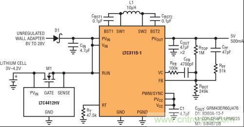 圖7：LTC3115-1與LTC4412HV相結(jié)合，以獲得由單節(jié)鋰離子電池和未穩(wěn)壓交流適配器提供的雙輸入5V電源