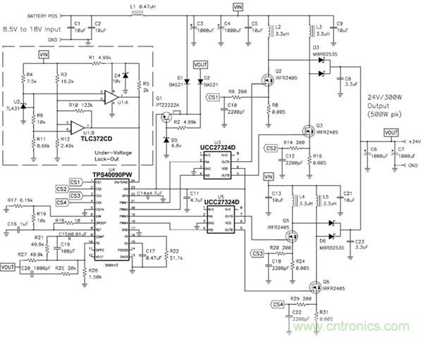 TPS40090 多相降壓控制器的 4 相、300W 升壓電源