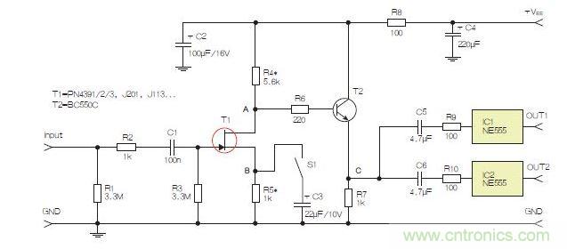 所示電路采用兩個工作在不同頻率下的555定時器，以獲取不同的音