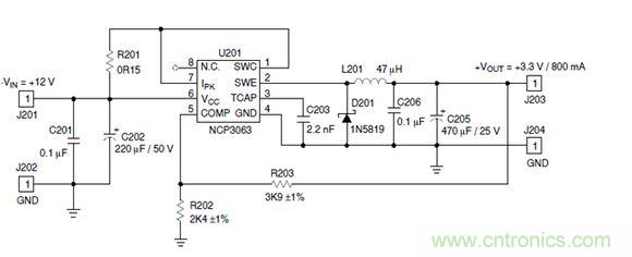 Buck電路應(yīng)用實(shí)例-輸入9～12V，輸出3.3V 800mA電路