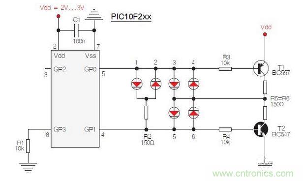 測試選擇PIC10F200，固件以兩個(gè)獨(dú)立、簡單的匯編程序源代碼的方式提供。