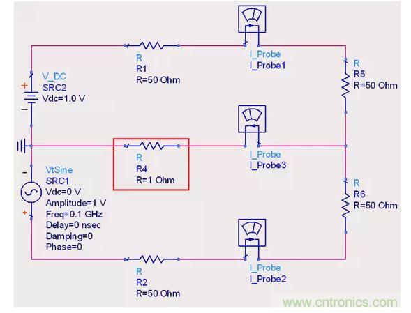 【導(dǎo)讀】說實(shí)話，這個(gè)問題也對(duì)高速先生造成了困擾。一直都會(huì)有人問回流的交疊是否會(huì)造成信號(hào)之間的干擾，比如平面的上下走線重疊，回流路徑一樣時(shí)。通常會(huì)有這么幾種回答！  1.趨膚效應(yīng)導(dǎo)致電流并沒有相交；  但是在1.2mil的銅厚的情況下，10MHz以上的信號(hào)才會(huì)出現(xiàn)明顯的趨膚效應(yīng)?？磥磉@個(gè)解釋并不合理。  2.信號(hào)在介質(zhì)中傳遞，電磁場(chǎng)的耦合才會(huì)造成串?dāng)_；  這個(gè)說法沒錯(cuò)，但是還是不能解開心中對(duì)電流走在同一條路徑上時(shí)，會(huì)不會(huì)造成相互之間干擾的問題。  讓我們來做以下實(shí)驗(yàn)，搭建一個(gè)拓?fù)淙鐖D1所示： 1 圖1  環(huán)路1由一個(gè)DC1.0V供電，表示我們的受干擾線，電流表1測(cè)量路徑1上的電流。  環(huán)路2由一個(gè)100MHz的AC1.0V供電，表示我們的干擾源，電流表2測(cè)量路徑2上的電流。  電流表3測(cè)量回流路徑上的電流。  這樣一個(gè)結(jié)構(gòu)，得到的結(jié)果是如何呢？如圖2所示： 2 圖2  可以看到，我們的被干擾源就是一個(gè)干凈的直線，雖然環(huán)路1和環(huán)路2在回流路徑上電流交疊，但是他們相互之間并不影響。其實(shí)這不就是基爾霍夫定律嗎。  有人會(huì)試圖從電磁場(chǎng)的角度來否定基爾霍夫定律在這里的正確性，“回流路徑也會(huì)產(chǎn)生電磁場(chǎng)，這些電磁場(chǎng)會(huì)與其他的回流路徑相互影響”。但事實(shí)上是，回流路徑與回流路徑之間是沒有耦合途徑的，他們?cè)谕粋€(gè)平面上，沒有容性耦合，也沒有感性耦合。  那么是否回流就不會(huì)影響我們的信號(hào)質(zhì)量了呢？當(dāng)然是會(huì)影響的。  其實(shí)在圖1的實(shí)驗(yàn)中，筆者討了個(gè)巧，將地平面各個(gè)短路點(diǎn)之間的阻抗當(dāng)成了0，但實(shí)際上，地平面的各個(gè)不同的點(diǎn)之間是有轉(zhuǎn)移阻抗的。讓我們模擬實(shí)際情況再看看圖3： 3 圖3  這時(shí)候我們假設(shè)我們的地平面是有1Ω電阻的。（當(dāng)然這是為了實(shí)驗(yàn)效果，實(shí)際上地平面阻抗并不會(huì)有這么大），結(jié)果如圖4： 4 圖4  是的，干擾出現(xiàn)了。這個(gè)干擾并不是來自于回流路徑之間的電流耦合，而是來自于我們地平面本身由于有轉(zhuǎn)移阻抗的存在，導(dǎo)致回流流經(jīng)地平面時(shí)，造成地平面并不是一個(gè)完美的0電平。  回流就是這樣干擾我們的信號(hào)的，也就是我們所說的地彈。