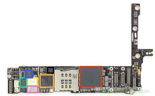 iPhone 6 Plus主板采用1GB RAM的蘋果A8 SoC作為核心部件。（來(lái)源：iFixit）