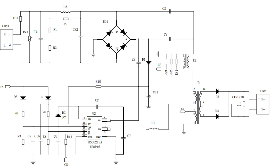 一、LED驅(qū)動模塊RSC6218A REASUNOS(瑞森半導(dǎo)體)通過持續(xù)投入研發(fā)，提升LLC應(yīng)用技術(shù)，集成控制芯片與功率轉(zhuǎn)換，成功推出新一代產(chǎn)品RSC6218A WSOP-16，延續(xù)瑞森LLC拓?fù)浞桨?，時機(jī)趨勢完全迎合我國雙碳政策，電氣特性契合新版國標(biāo)GB/T 17625.1-2022和歐盟新版ERP認(rèn)證EU2019/2020雙重法規(guī)，專為中小功率的產(chǎn)品提供優(yōu)秀的方案；接下來會分幾個篇章持續(xù)介紹新方案產(chǎn)品的應(yīng)用資料和設(shè)計實(shí)例分享：  RSC6218A功率模塊內(nèi)部集成CS-CP-LLC電源半橋模塊和功率轉(zhuǎn)換模塊，延續(xù)瑞森主題設(shè)計方向單級實(shí)現(xiàn)高PF無頻閃技術(shù)和LLC諧振軟開關(guān)技術(shù)方案：該型號適用于5-18W功率段；具備高轉(zhuǎn)換效率(90%+)，高PF(>0.96)，低THD(<10%)，小型化(縮小PCB面積10-25%)，通過優(yōu)化產(chǎn)品內(nèi)部設(shè)計提升產(chǎn)品內(nèi)部功率器件的開啟與關(guān)閉性能，避免干擾發(fā)生，最高工作頻率達(dá)200KHZ，實(shí)現(xiàn)WSOP-16封裝兼顧散熱與小型化；并且內(nèi)部可自動設(shè)置死區(qū)時間，讓方案可靠易設(shè)計。 產(chǎn)品可廣泛應(yīng)用于： 1.護(hù)眼系列燈具：如教室燈、辦公燈、護(hù)眼臺燈、壁燈、閱覽室燈等； 2.家居類燈具：如客廳燈、臥室燈、兒童房燈、廚房燈、走廊燈等； 3.軌道類燈具：地鐵照明、高鐵照明、隧道照明、車站照明等； 4.商照類燈具：筒燈、射燈、投射燈、 亮化燈、防爆燈等； 方案起到提供高效，穩(wěn)定，長壽命的作用。 二、產(chǎn)品功能框架  三、IC各PIN腳功能說明  PIN1 PGND 功率地，內(nèi)部是連接低邊MOS的S端地線； PIN2  NC  PIN3  HS 半橋MOS低邊漏極PIN； PIN4  HS 半橋MOS低邊漏極PIN； PIN5  HS 半橋MOS高邊源極PIN； PIN6  HS 半橋MOS高邊源極PIN； PIN7  NC  PIN8  HO 半橋MO高邊漏極； PIN9  HO 半橋MOS高邊漏極； PIN10 HB 半橋驅(qū)動高邊電源，通過外置的一個二極管與電容組成自舉回路，為高邊 MOS 的開啟提供電平； PIN11 VIN 高壓啟動的輸入腳，最高耐壓可達(dá)DC600V，啟動電流在1.7mA，一般應(yīng)用是從高壓電解處串接一個1206100K電阻引到PIN1，在整個環(huán)路還未建立起來時，是靠這個引腳的供電通過內(nèi)部連接到PIN6VCC，然后把VCC電容慢慢充電到芯片的啟動電壓后，芯片開始工作。整個環(huán)路建立起來后，VIN腳內(nèi)部關(guān)斷，VCC 通過外部變壓器輔助繞組供電維持正常工作； PIN12  VCC 信號電源引腳， 工作電壓范圍 8-20V，工作電流在 0.8mA，靜態(tài)工作電流是 720uA； PIN13  NC DT懸空腳； PIN14 FB  電壓反饋輸入，VFB中心值是1.2V，該引腳的功能主要是限定空載電壓的最大幅度，該芯片空載保護(hù)屬于打嗝模式，可以有效降低空載損耗，能效要求輕松符合小于0.5W的要求； PIN15  CS 電流采樣正弦波信號輸入該P(yáng)IN腳是通過線路中的互感電感采樣得到全波的正弦波信號， 通過電阻轉(zhuǎn)換為電壓信號后，輸入到CS PIN腳， 內(nèi)部連接到壓控振蕩器，根據(jù)輸入進(jìn)來的電壓幅值大小，以及正弦波的頻率，壓控振蕩器輸出對應(yīng)的方波來控制LG與HG端的MOS開關(guān)頻率，實(shí)現(xiàn)恒流調(diào)節(jié)控制； PIN16  AGND 信號地參考電平，主要連接 VCC，F(xiàn)B 對應(yīng) PIN 腳的元件地線。 四、關(guān)鍵PIN腳參數(shù)設(shè)定范圍  五、典型應(yīng)用原理圖  關(guān)注瑞森半導(dǎo)體公眾號，接下來持續(xù)分享具體案例的設(shè)計參考文檔，攜手各伙伴們實(shí)現(xiàn)新版國標(biāo)GB/T17625.1-2022的順利達(dá)標(biāo)，為工程師縮短開發(fā)周期，讓工廠端得到滿意的產(chǎn)品，給客戶一個滿意的答卷，得到需要的利潤空間。